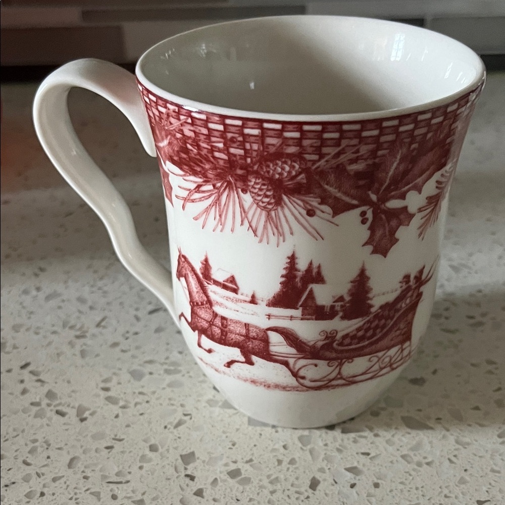 222 Fifth Cream and Red Holiday Sleigh Scenic Mug